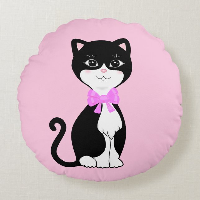 Coussins Ronds Joli chat en smoking heureux sur fond rose clair (Devant)