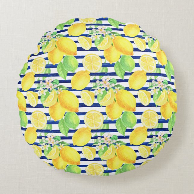 Coussins Ronds Joli citrons aquarelle sur bandes bleues (Devant)