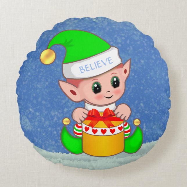 Coussins Ronds Joli elfe de Noël sur bleu clair (Devant)
