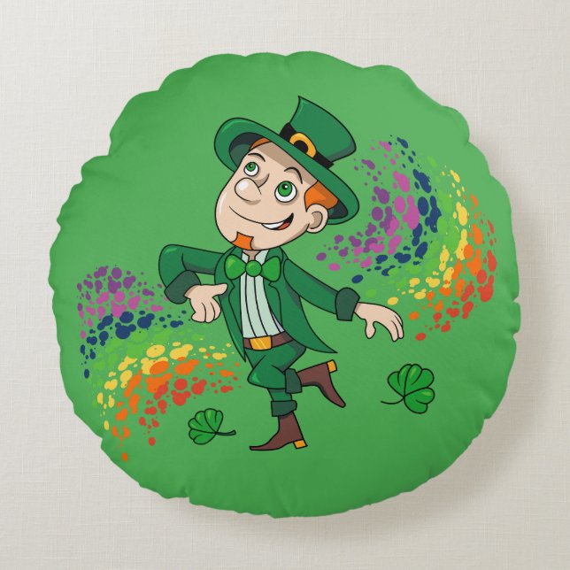 Coussins Ronds Joli et souriant dancing leprechaun, un arc-en-cie (Devant)
