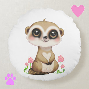 Coussins Ronds Joli suricate et fleurs sur fond blanc