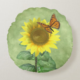 Coussins Ronds Joli tournesol jaune et papillon orange