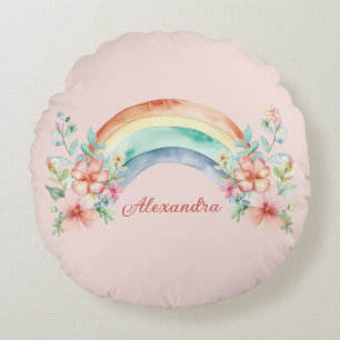 Coussins Ronds Jolie aquarelle Fleurs et arc-en-ciel