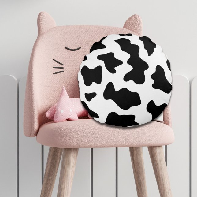 Coussins Ronds jolie impression de vache laitière de ferme noir e (cute black and white farm dairy cow print round pillow)
