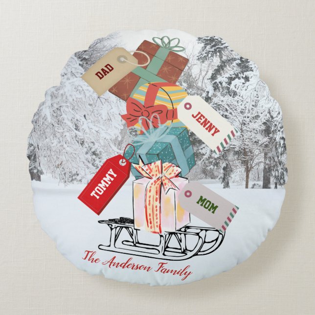 Coussins Ronds Jolie neige hiver coudre Rouge Blanc Blanc Famille (Devant)