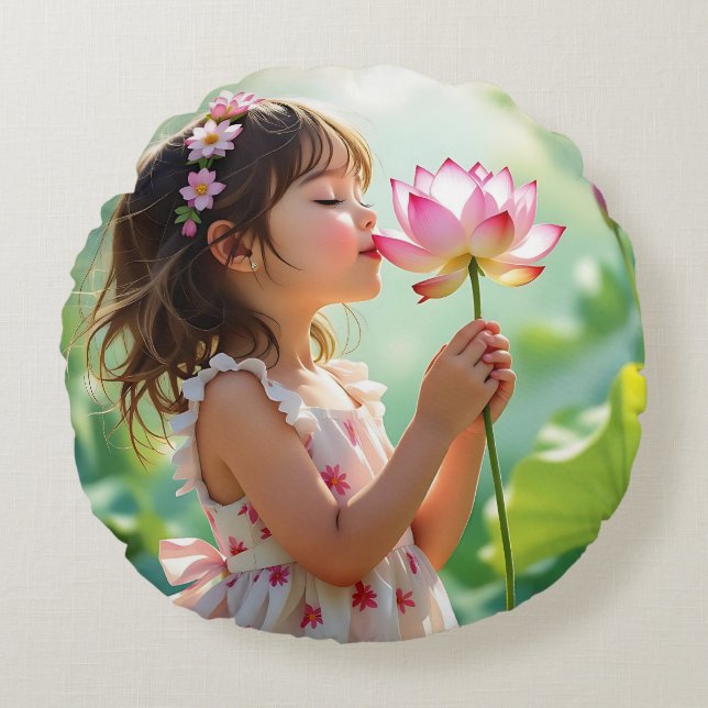 Coussins Ronds Jolie petite fille sentant une fleur (Devant)