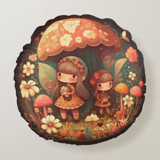 Coussins Ronds Jolies elfes mignonnes jouent sous les champignons (Devant)