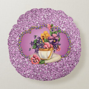 Coussins Ronds Jolies Pansies dans Teacup Lavender Faux Parties s