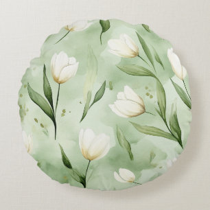 Coussins Ronds Jolies Tulipes Blanches Vertes Oiseaux