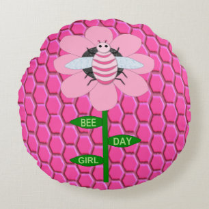 Coussins Ronds Joyeuse Bee Day Girl rose Anniversaire Bumblebee
