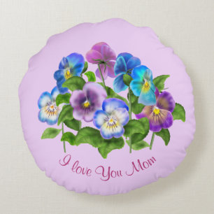 Coussins Ronds Joyeuse Fête des Mères Pansy Violet Flowers Aqua