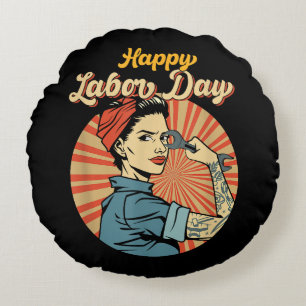Coussins Ronds Joyeuse Fille de la Fête du Travail Forte Mouvemen