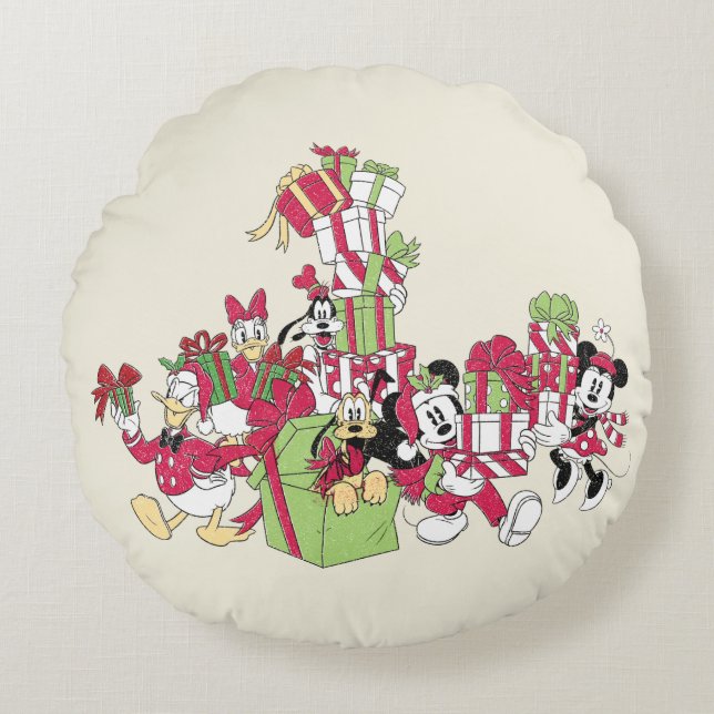 Coussins Ronds Joyeuses fêtes | Mickey & Friends Cadeaux de Noël (Devant)