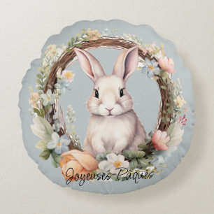 Coussins Ronds Joyeuses Pâques Lapin De Pâques Dans Une Couronne 