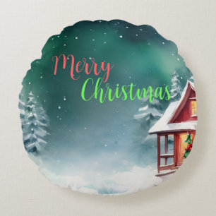 Coussins Ronds Joyeux Aquarelle sauvage Xmas Pine tree Fête