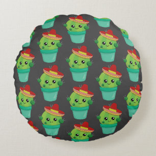 Coussins Ronds Joyeux cactus vert dans un Motif du Sombrero rouge