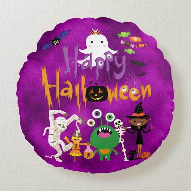 Coussins Ronds Joyeux Halloween Enfants mignonnes et Éffrayants (Devant)