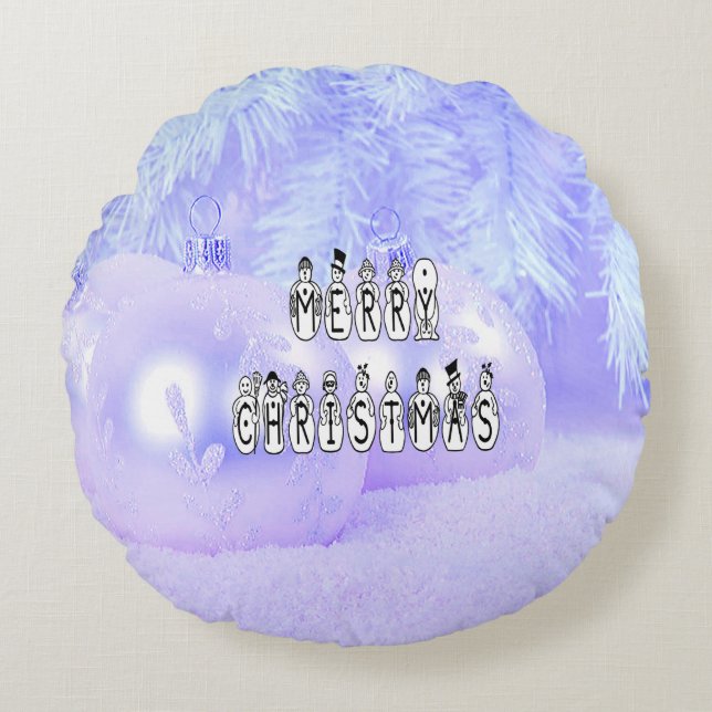 Coussins Ronds Joyeux Noël gens de neige Police, Blue Tint neige (Devant)