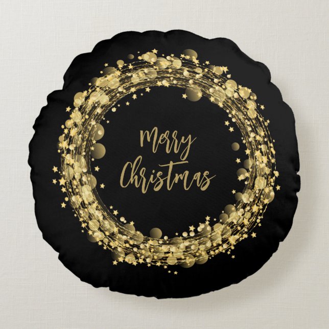 Coussins Ronds Joyeux Noël Gold Stars sur Noir (Devant)