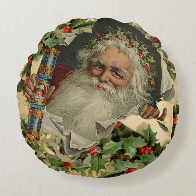 Coussins Ronds Joyeux Noël Père Noël classique antique (Devant)