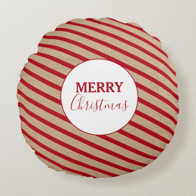 Coussins Ronds Joyeux Noël Red Stripes Kraft Rustique (Devant)