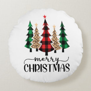 Coussins Ronds Joyeux Noël Rouge Vert Noir Arbres Plaid