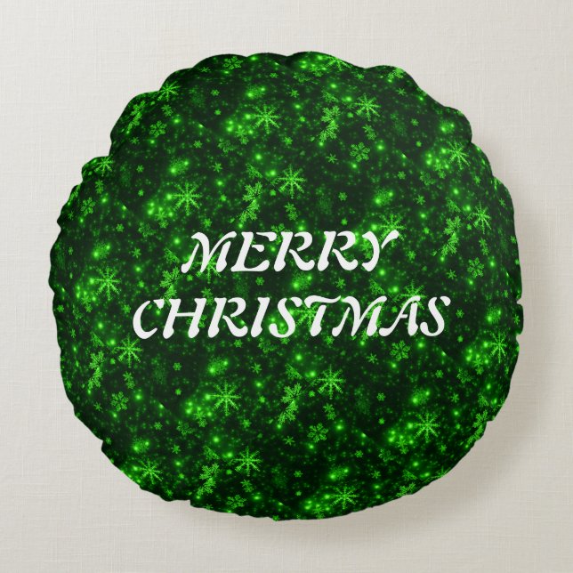 Coussins Ronds Joyeux Noël Snowflakes Green (Devant)