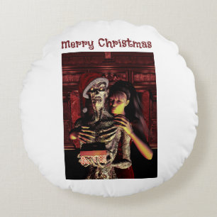 Coussins Ronds Joyeux Noël. Squelette drôle avec femme
