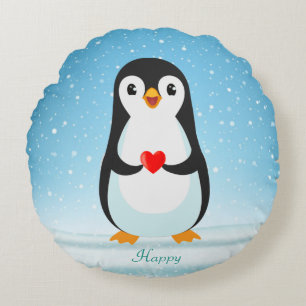 Coussins Ronds Joyeux pingouin tenant un coeur