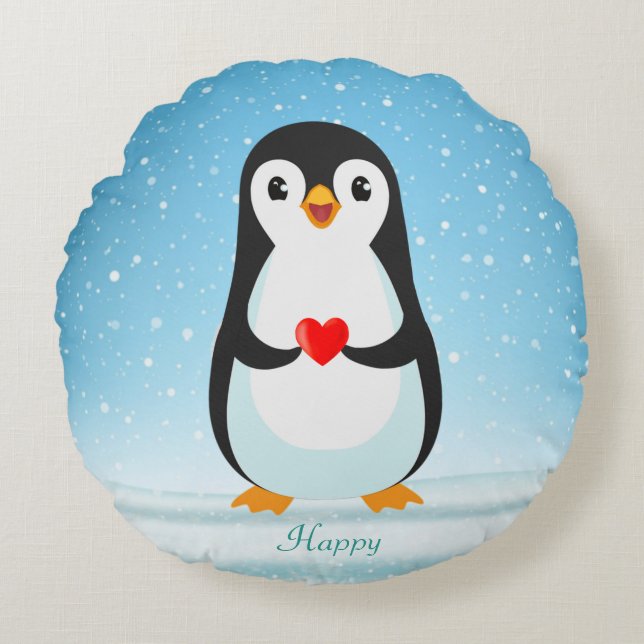 Coussins Ronds Joyeux pingouin tenant un coeur (Devant)