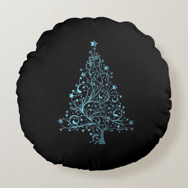 Coussins Ronds Joyeux sapin de Noël étoilé noir bleu élégant (Devant)