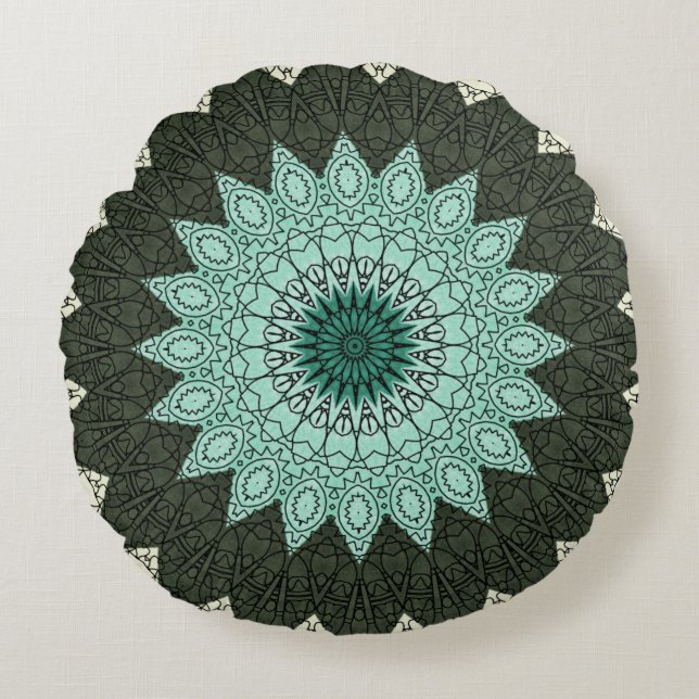 Coussins Ronds Kaleidoscope Mandala en vert et bleu (Devant)