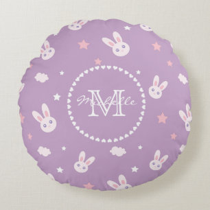 Coussins Ronds Kawaii Bunny Rabbit Pastel Purple Motif Monogramme