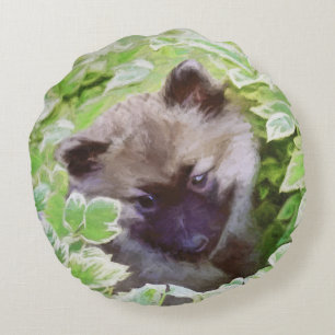 Coussins Ronds Keeshond Puppy in the Garden Peinture Art original