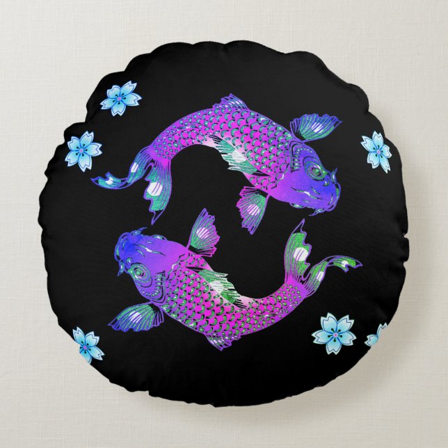 Coussins Ronds Koi poisson oriental yin yang noir violet fleuri (Devant)
