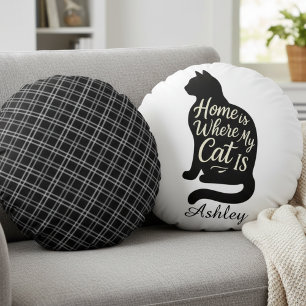 Coussins Ronds La maison est là où est ma silhouette de chat noir