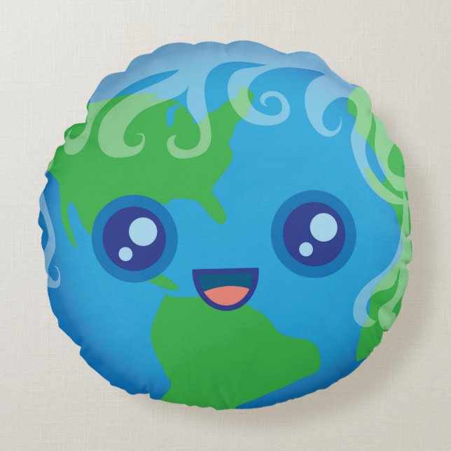 Coussins Ronds La terre mignonne de planète de Kawaii (Devant)