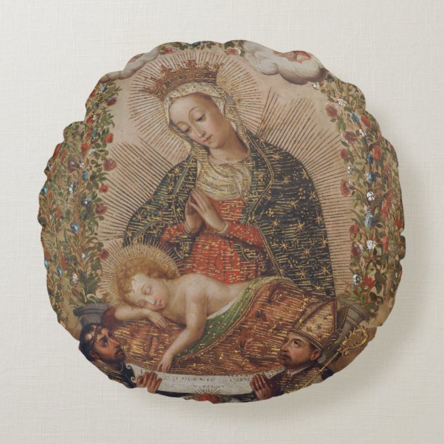 Coussins Ronds La Vierge adorant le Christ Enfant Noël (Devant)
