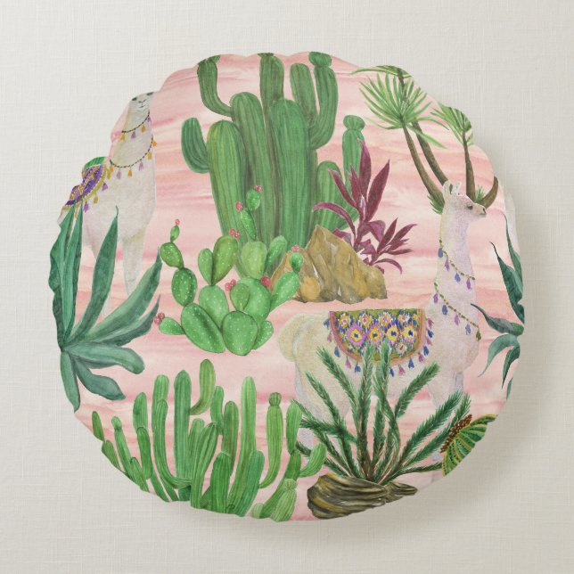 Coussins Ronds Lamas aquarelle et motif cactus. (Devant)