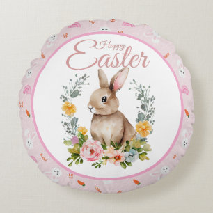 Coussins Ronds Lapin de Pâques à l'aquarelle avec couronne floral