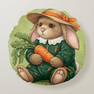 Coussins Ronds Lapin en costume vert avec carotte