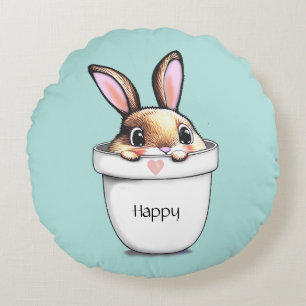 Coussins Ronds Lapin heureux mignon dans un pot de plante sur fon