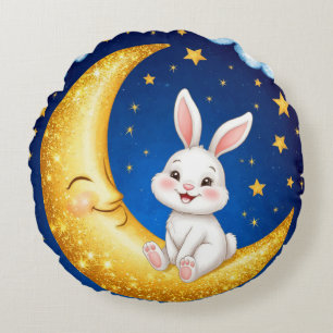 Coussins Ronds Lapin mignon assis sur un croissant de lune doré