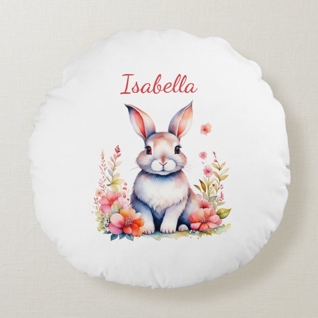 Coussins Ronds Lapin personnalisé aux fleurs roses (Devant)