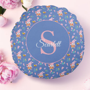 Coussins Ronds Lapin Rose Fantaisiste & Fleurs Monogramme Bleu