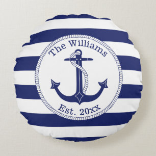 Coussins Ronds Le bleu marine nautique d'Ancre barre le nom de