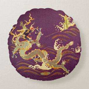 Coussins Ronds Le dragon chinois d'or brodé sur la soie