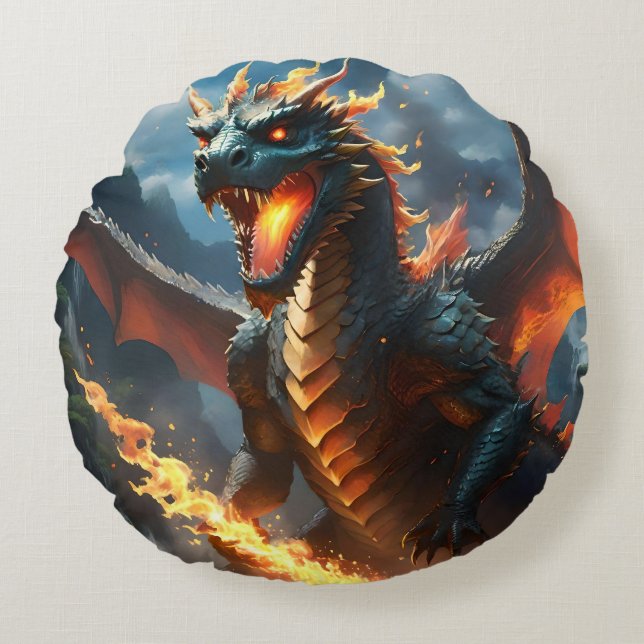 Coussins Ronds "Le souffle d'Inferno : la flamme du dragon" (Devant)