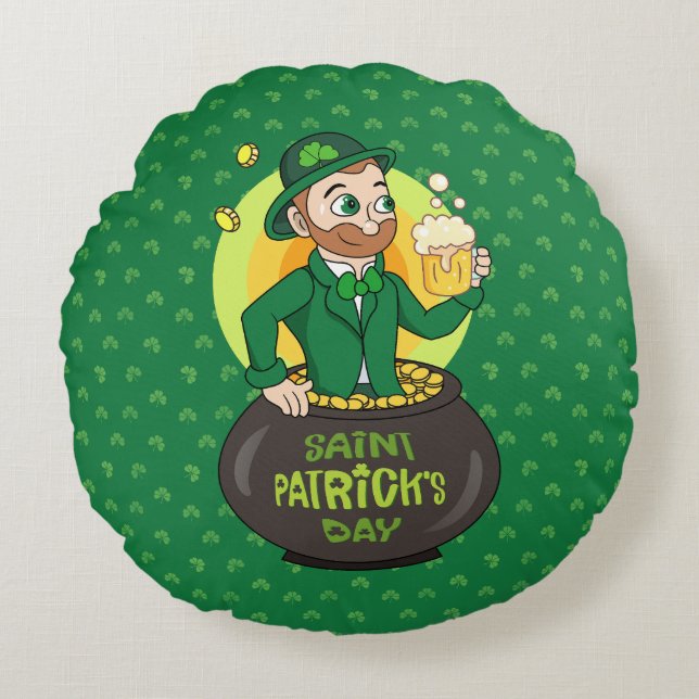 Coussins Ronds Leprechaun de dessin dans une casserole d'or tenan (Devant)