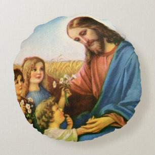 Coussins Ronds Les enfants vintages apportent des fleurs à Jésus-